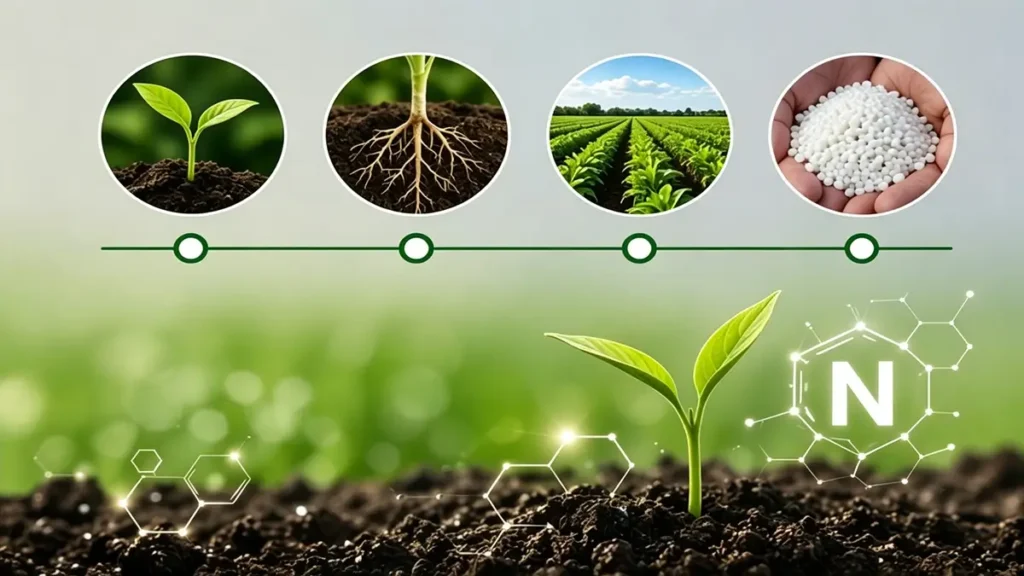 Nitrogen fertilizer application in crops showing root development crop growth and field fertilization system