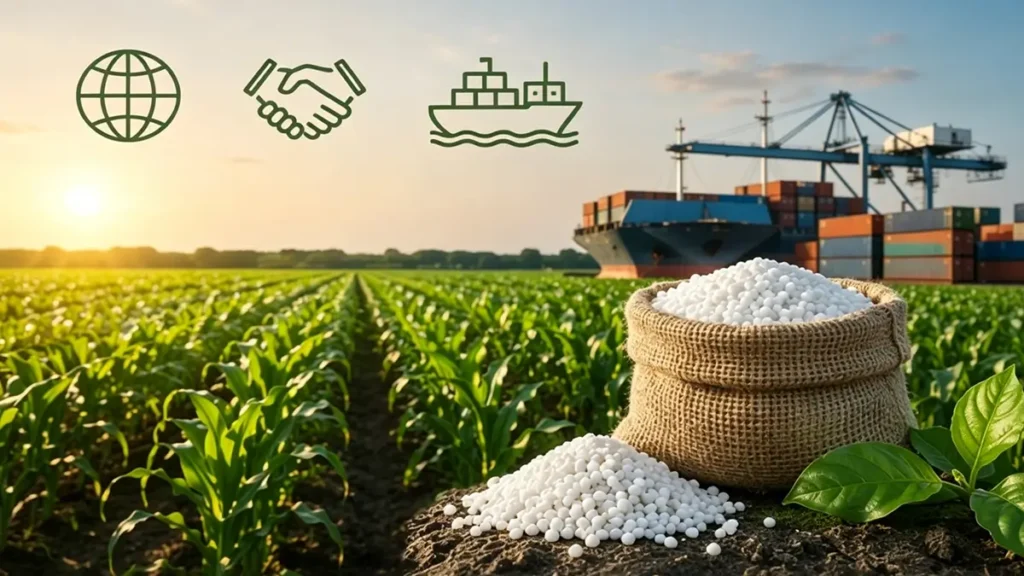 Global nitrogen fertilizer supply chain agriculture field export logistics and modern farming industry concept