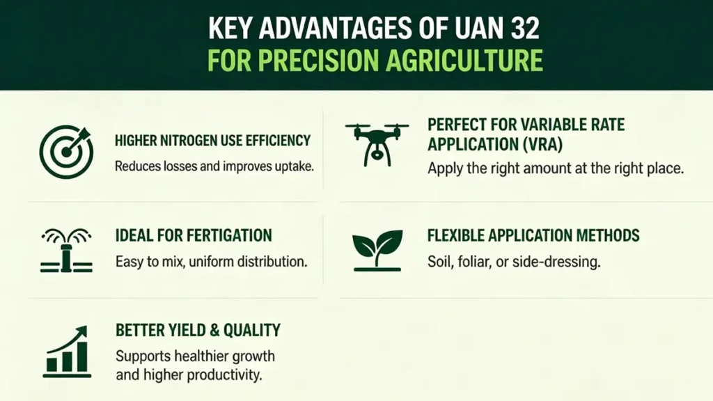 Key advantages of UAN 32 fertilizer in precision agriculture including variable rate application fertigation and improved nitrogen use efficiency
