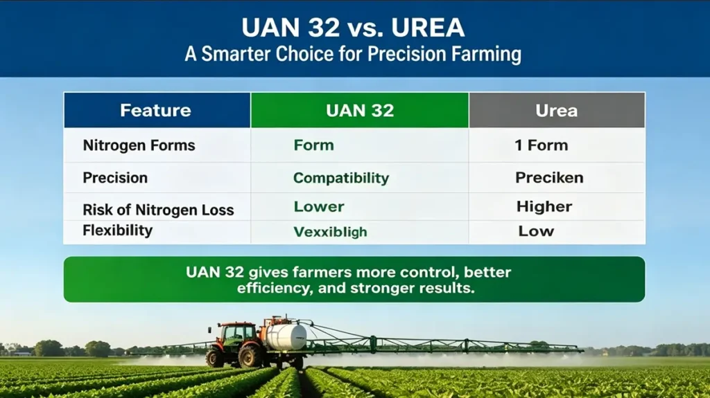 Comparison between UAN 32 liquid nitrogen fertilizer and urea granular fertilizer showing differences in efficiency application and nitrogen loss