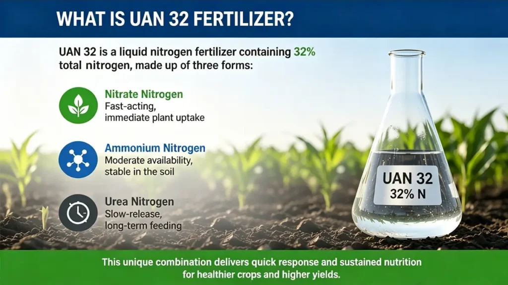 UAN 32 liquid nitrogen fertilizer composition showing nitrate ammonium and urea nitrogen forms for efficient plant nutrient uptake