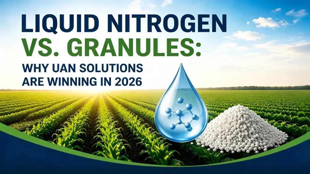 Moderna agrikultura kampo komparante likvan UAN-nitrogenan sterkon kaj grajnan sterkon por preciza terkultivado kaj daŭripova kultivaĵoproduktado en 2026.