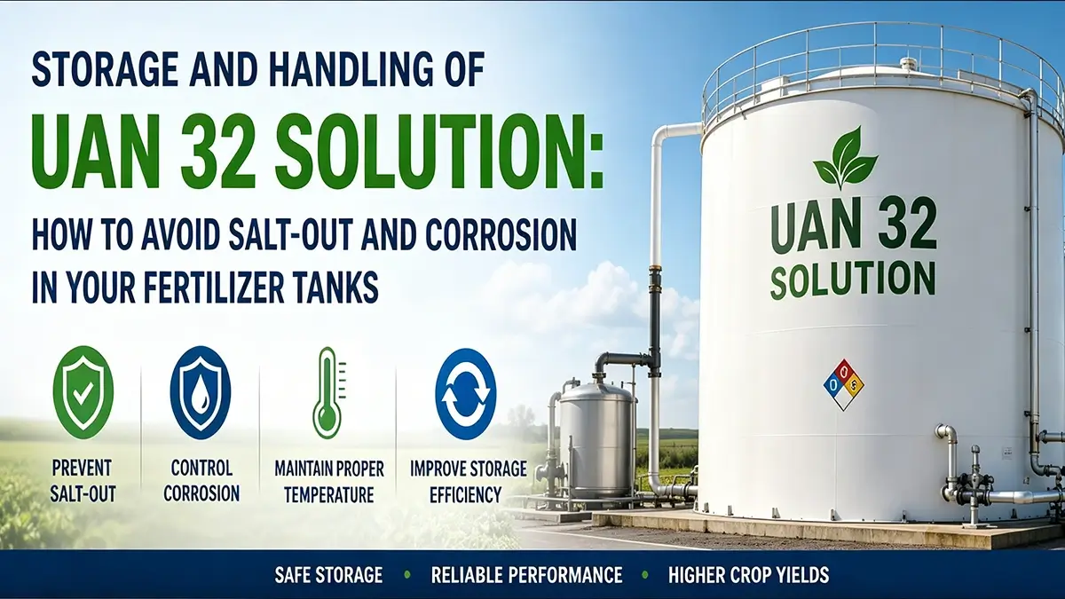 Storage and handling of UAN 32 solution in fertilizer tanks to prevent salt-out crystallization and corrosion in liquid nitrogen fertilizer storage systems.