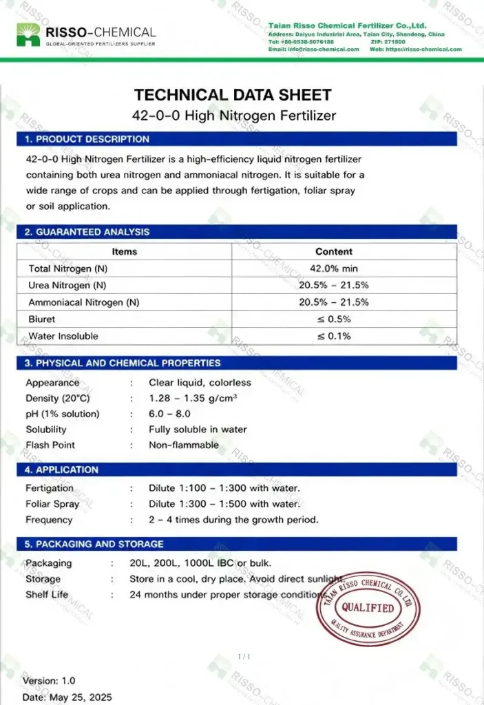 High-Nitrogen Liquid Fertilizer (42%) TDS