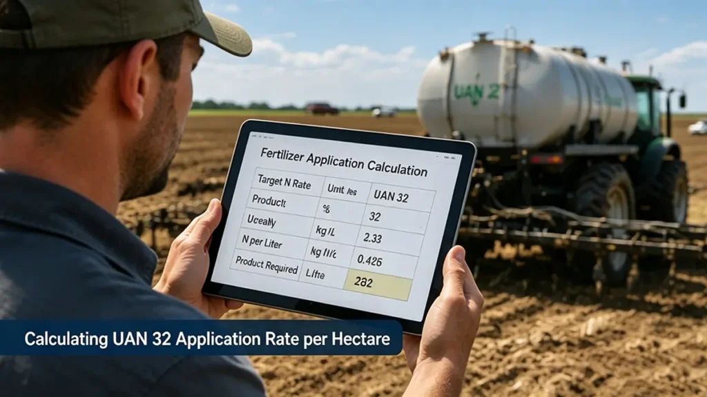 Calculating UAN 32 fertilizer application rate per hectare using nitrogen requirements and fertilizer density