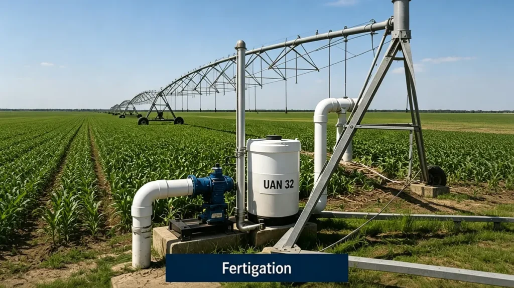 UAN 32 fertigation system and fertilizer application rate calculation for efficient nitrogen management