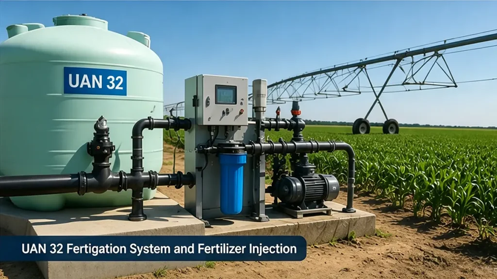 UAN 32 fertigation and liquid fertilizer injection system for efficient crop nitrogen management