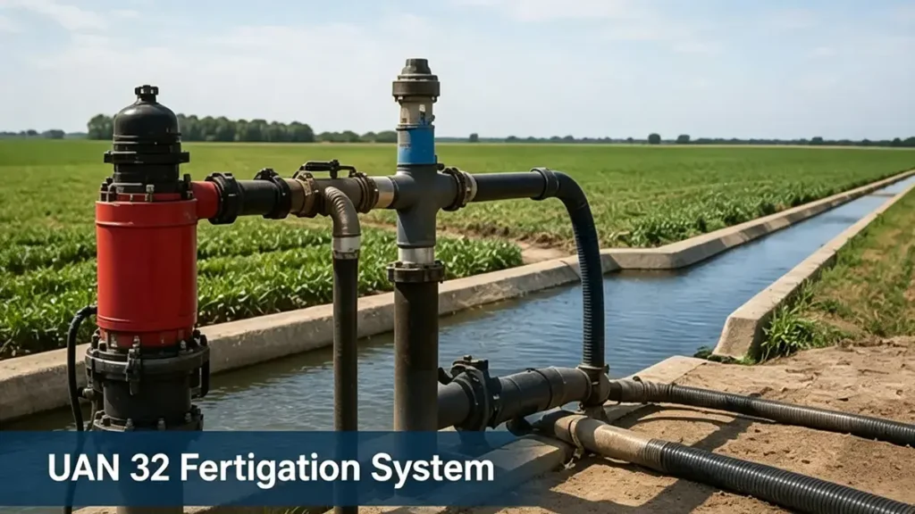UAN 32 fertigation system for applying liquid nitrogen fertilizer through irrigation