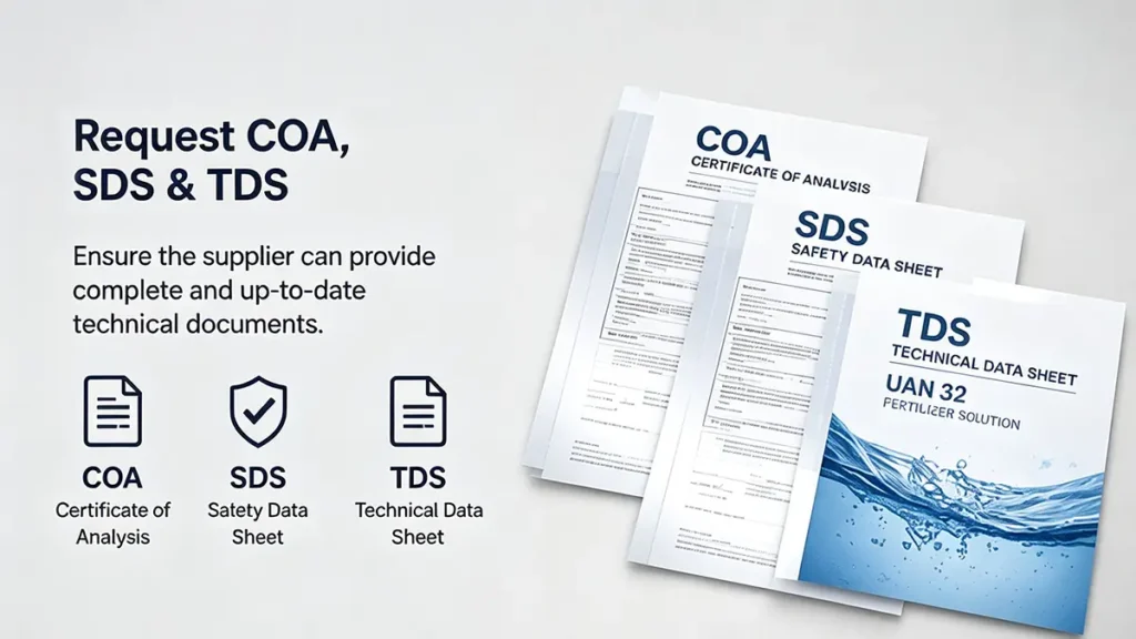 UAN 32 fertilizer COA, SDS and TDS technical documents for buyers