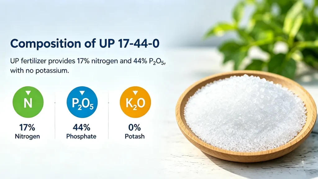 UP fertilizer 17-44-0 composition with 17% nitrogen and 44% phosphate