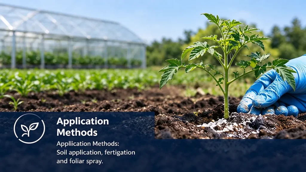 Calcium nitrate fertilizer applied to soil near young crops, illustrating soil application, fertigation, and other fertilizer application methods.