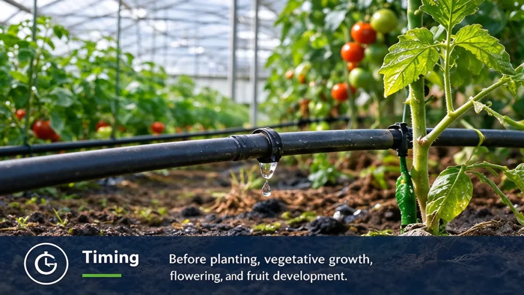 Calcium nitrate fertilizer timing for tomato plants, from early vegetative growth to flowering and fruit development.