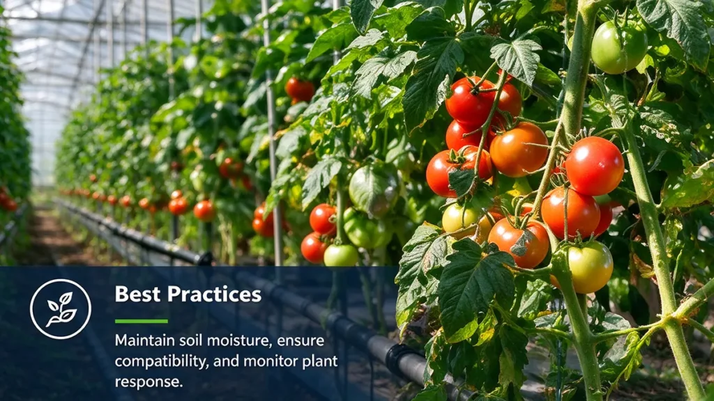 Best practices for calcium nitrate fertilizer application, including consistent irrigation, balanced crop nutrition, and healthy tomato growth.