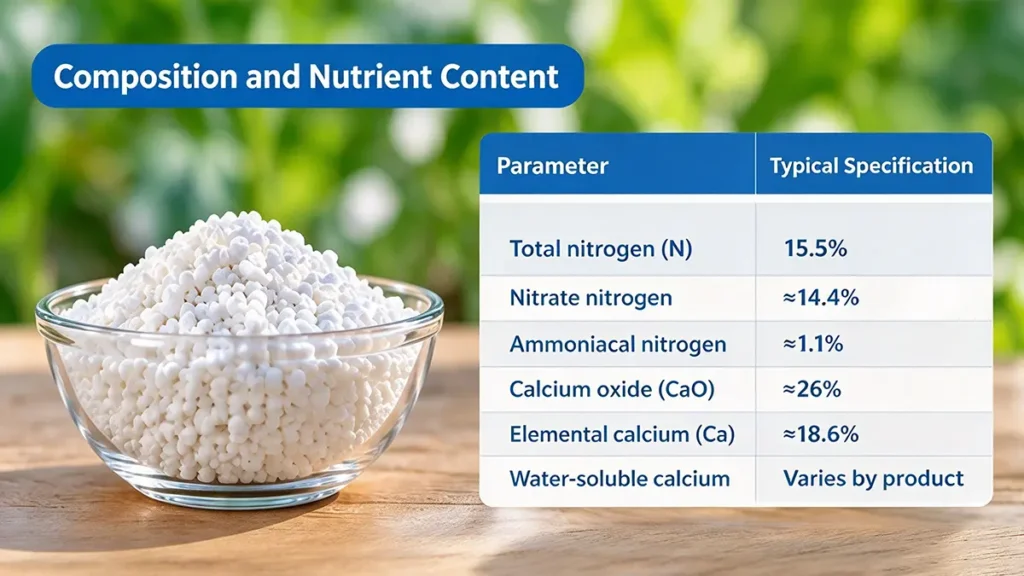 Calcium nitrate fertilizer composition showing 15.5% total nitrogen, approximately 14.4% nitrate nitrogen, 1.1% ammoniacal nitrogen and 26% CaO