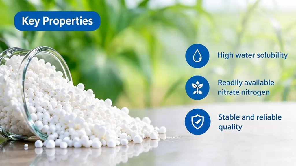 Calcium nitrate fertilizer supplies nitrogen and calcium to support healthy leaf development, cell wall structure and plant growth