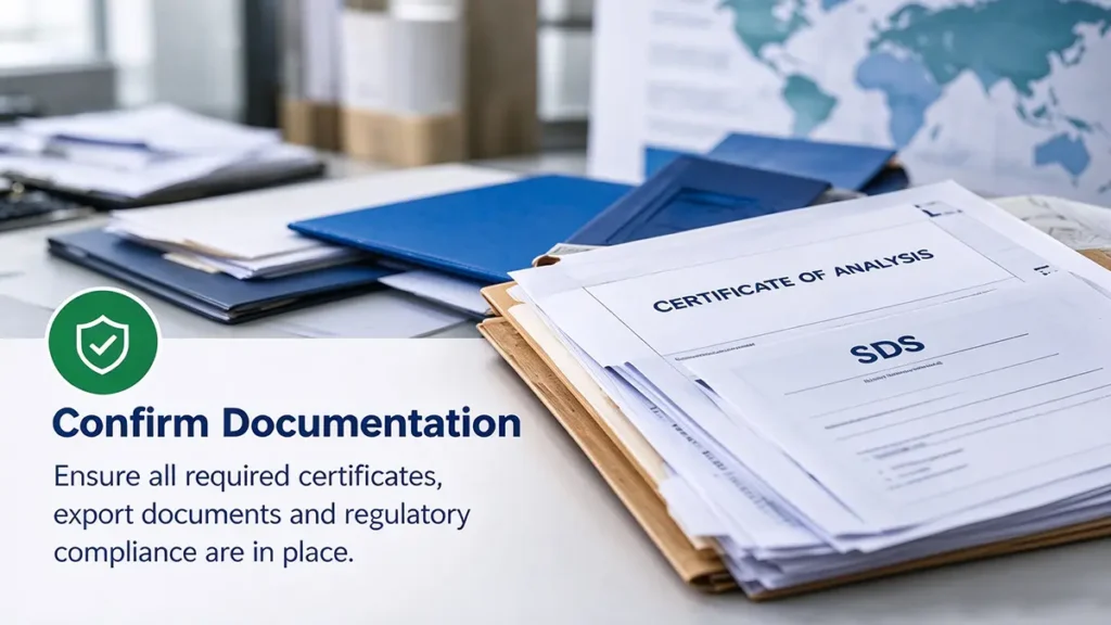 Calcium nitrate fertilizer export documentation including a certificate of analysis, technical data sheet, and safety data sheet.