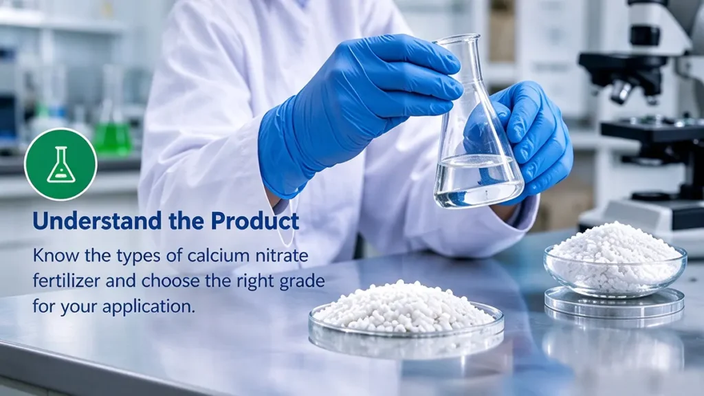 Laboratory quality testing of calcium nitrate fertilizer granules to evaluate product quality and consistency.