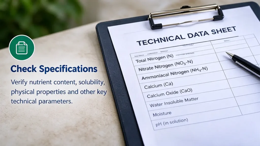 Calcium nitrate fertilizer technical specifications covering nitrogen content, calcium content, solubility, and insoluble matter.