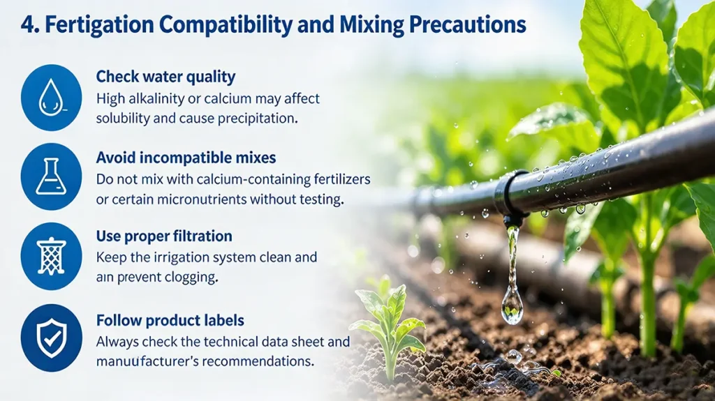 Fertilizer selection and drip fertigation guidance covering irrigation water quality, nutrient requirements, and fertilizer compatibility.