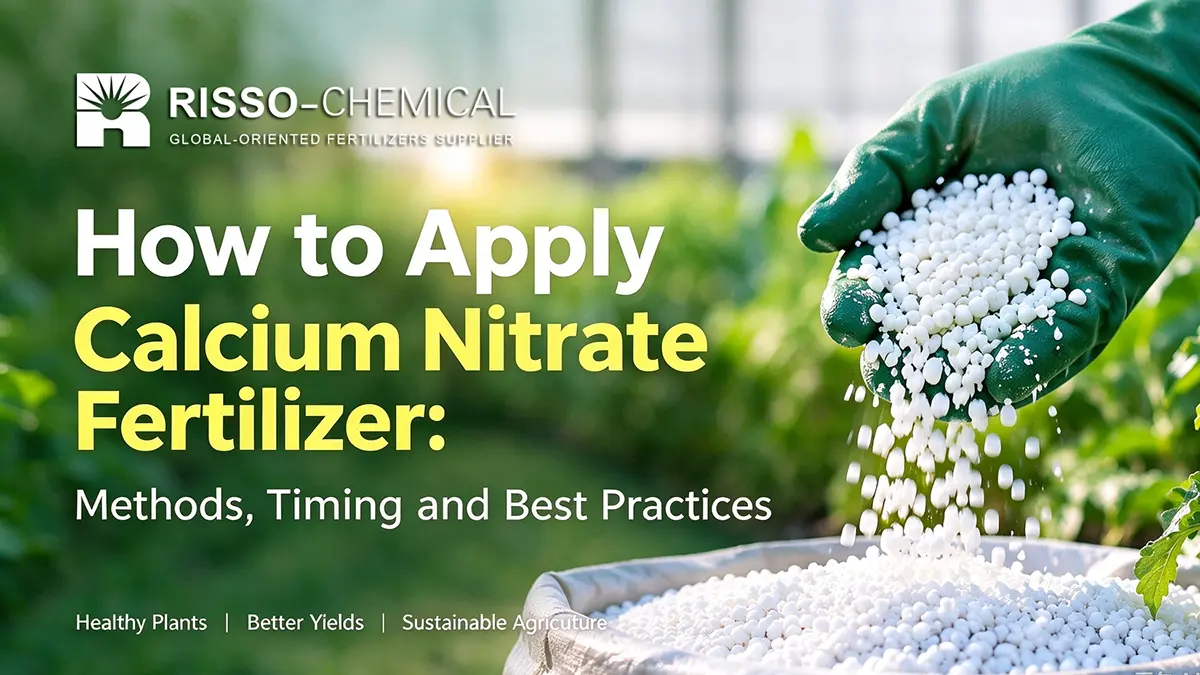 How to apply calcium nitrate fertilizer for healthy crop growth, with fertilizer granules and tomato plants in an agricultural setting.