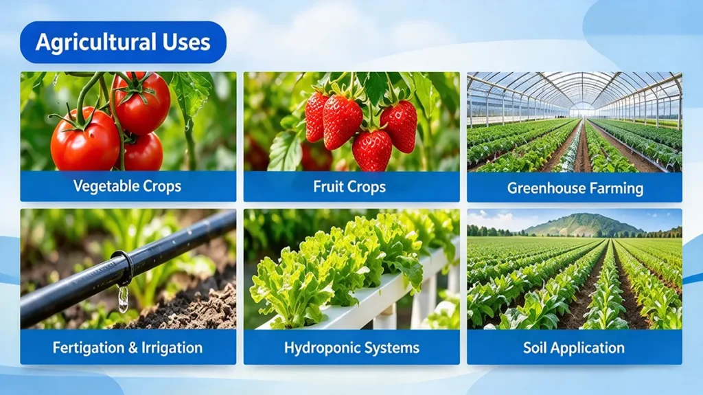 Calcium nitrate fertilizer application through soil dressing and drip irrigation, with attention to crop nutrient requirements and fertilizer compatibility