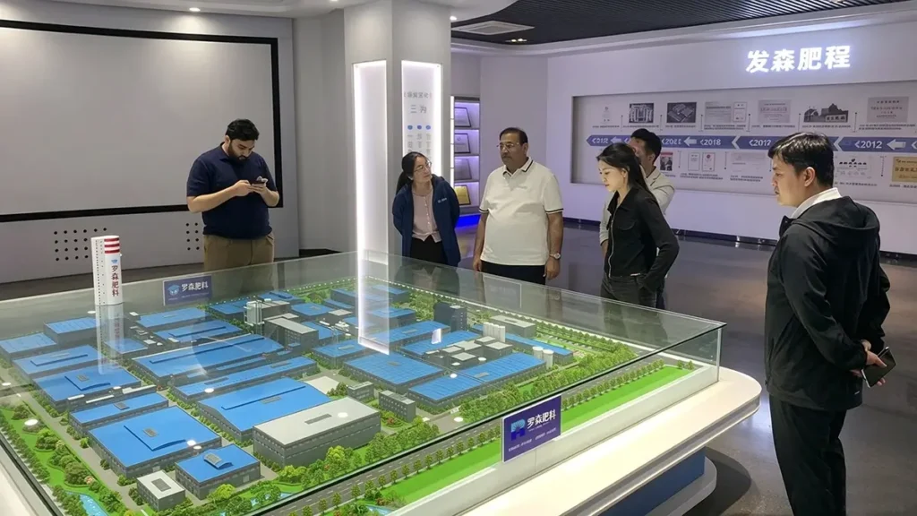 Pakistani customers viewing the factory layout model during their visit to Risso Fertilizer in Shandong, China.