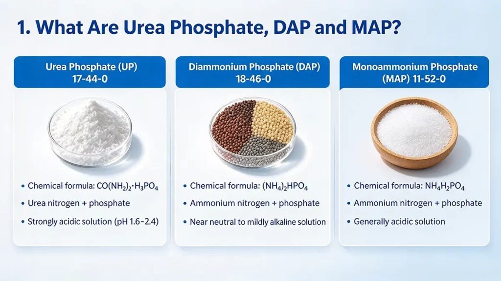 Comparison of urea phosphate, diammonium phosphate DAP, and monoammonium phosphate MAP fertilizer products and chemical properties.