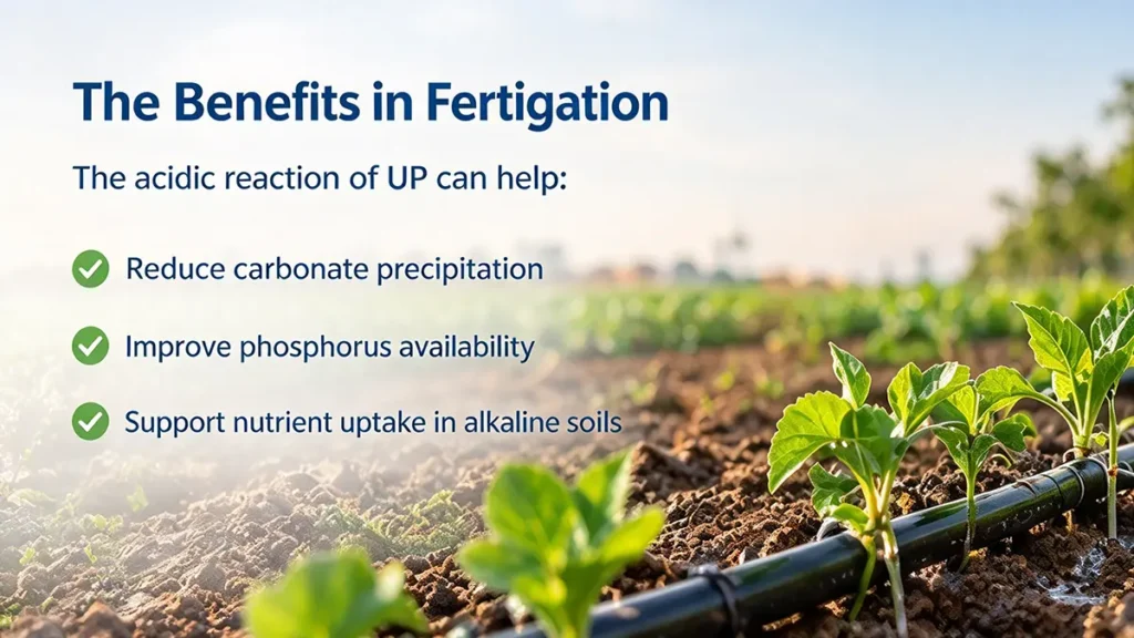 Urea phosphate fertilizer used in fertigation and drip irrigation to manage alkaline irrigation water