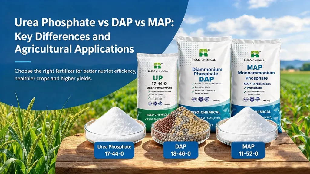 Urea phosphate 17-44-0 vs DAP 18-46-0 vs MAP 11-52-0 fertilizer comparison for agricultural applications.