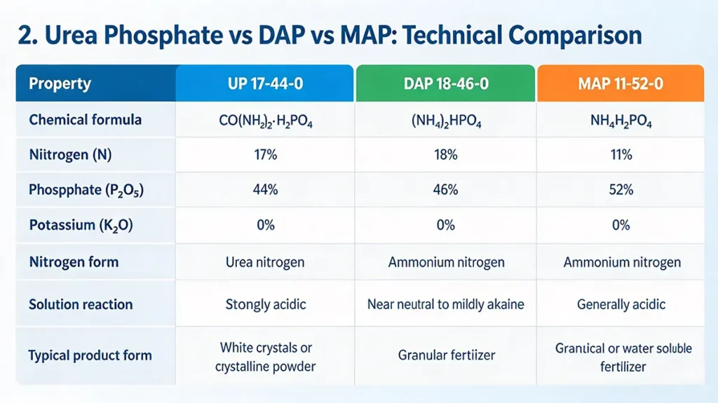 Technical comparison of nitrogen and phosphate content in UP 17-44-0, DAP 18-46-0, and MAP 11-52-0 fertilizers.